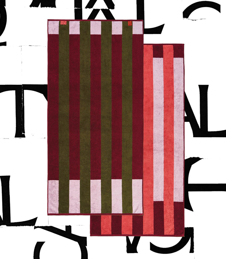 CLASSIC STRETCH TOWEL "OFFSET STRIPE"  - PETAL PINK/CABERNET BURGUNDY/MOSS GREEN