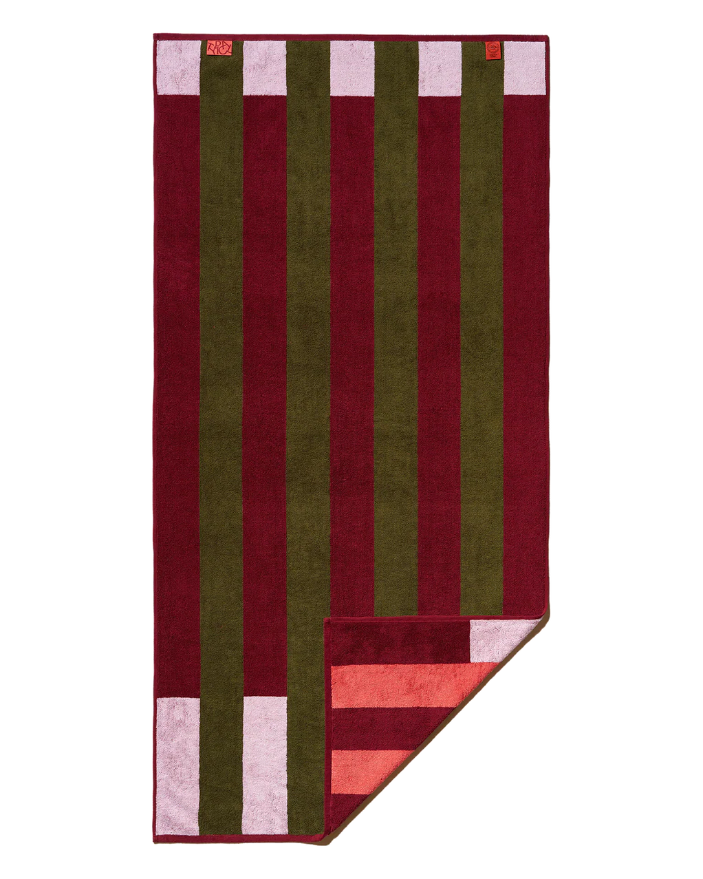 CLASSIC STRETCH TOWEL "OFFSET STRIPE"  - PETAL PINK/CABERNET BURGUNDY/MOSS GREEN