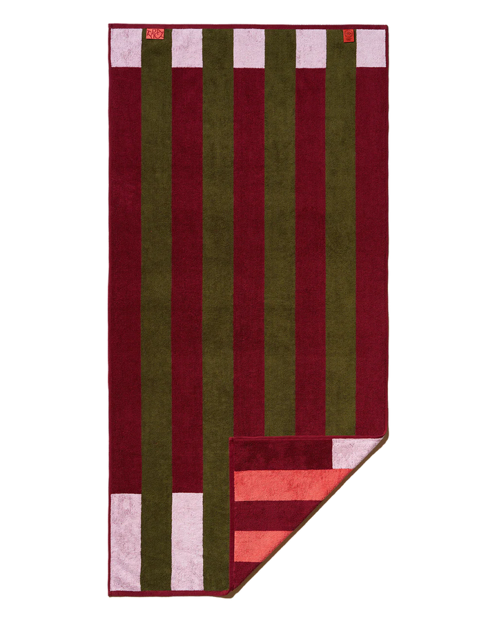 CLASSIC STRETCH TOWEL "OFFSET STRIPE"  - PETAL PINK/CABERNET BURGUNDY/MOSS GREEN