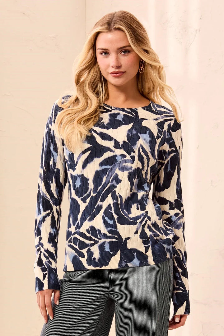 PRINTED CABLE COTTON CREWNECK SWEATER "BLUE FOG"
