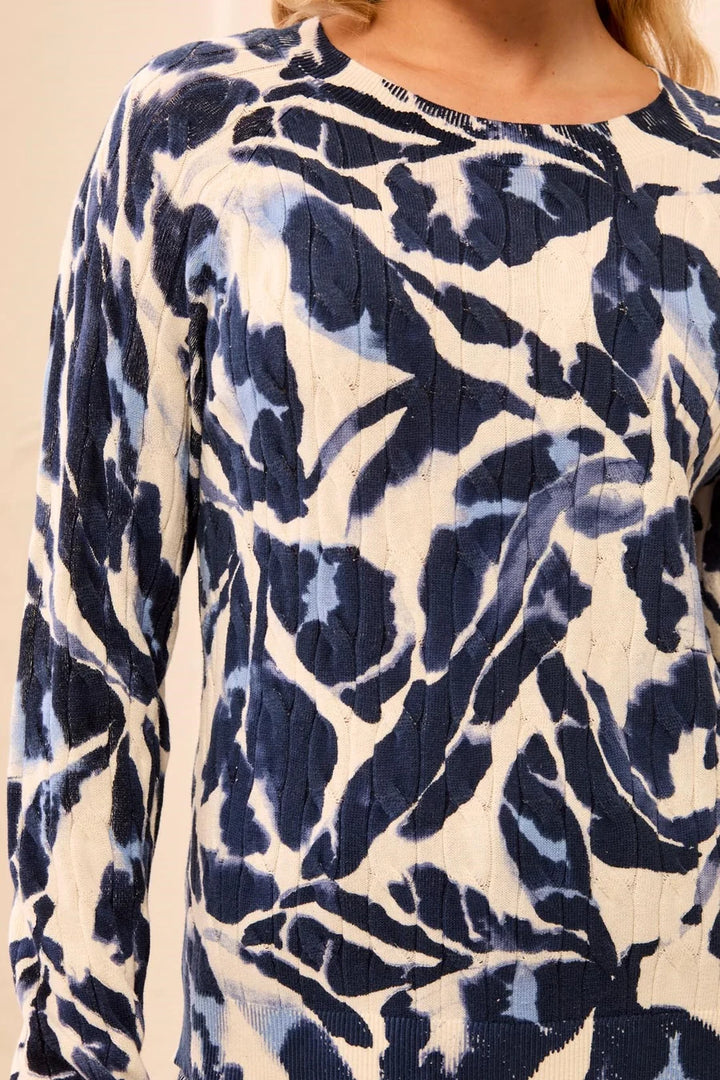 PRINTED CABLE COTTON CREWNECK SWEATER "BLUE FOG"