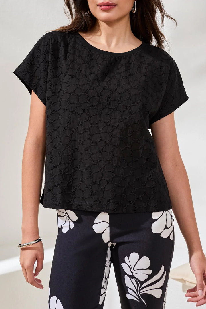 CAP SLEEVE CREW NECK TOP "BLACK"