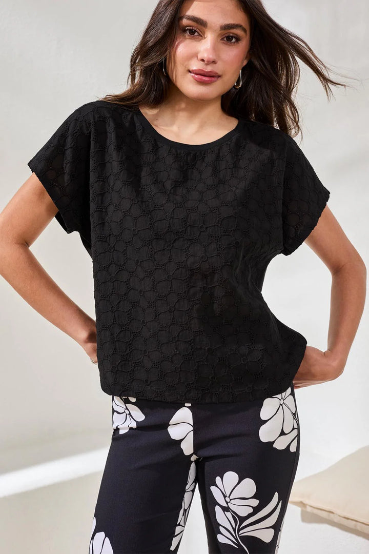 CAP SLEEVE CREW NECK TOP "BLACK"