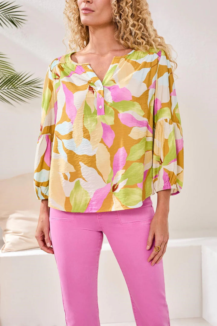 PRINTED CHALLIS SMOCKED YOKE BLOUSE "WISTERIA"