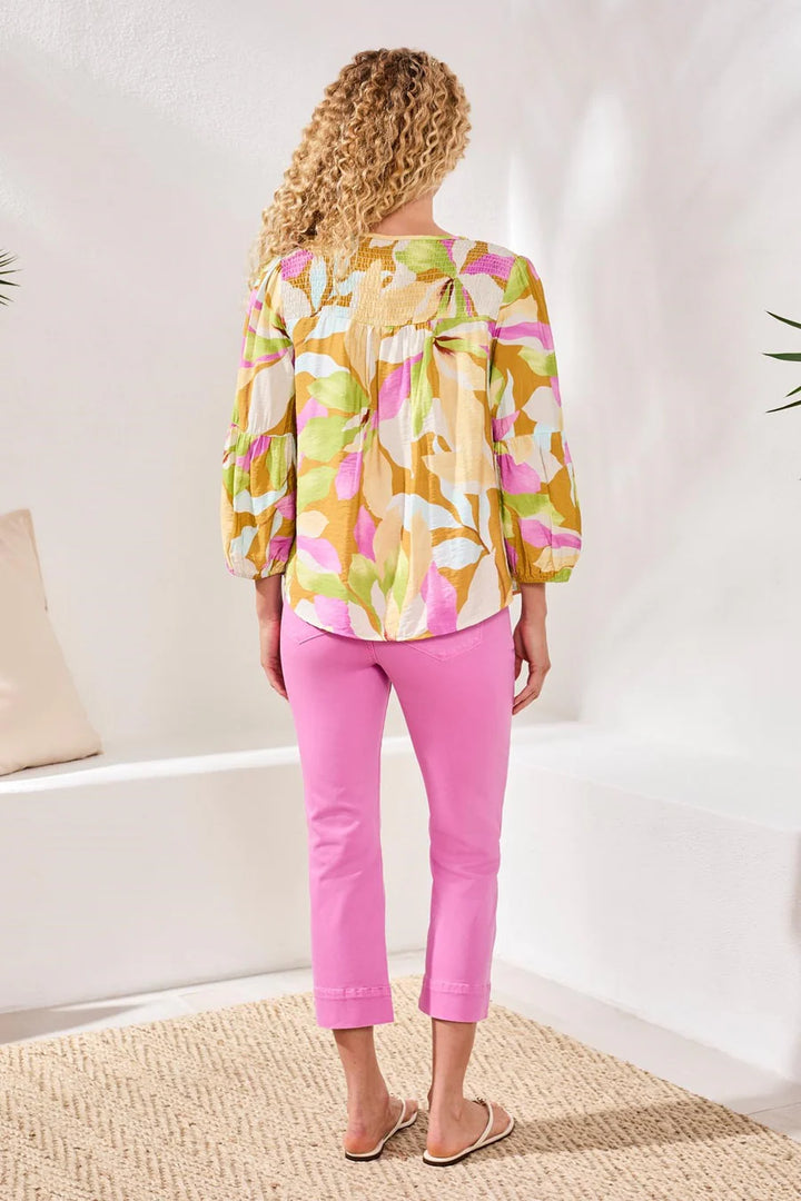PRINTED CHALLIS SMOCKED YOKE BLOUSE "WISTERIA"