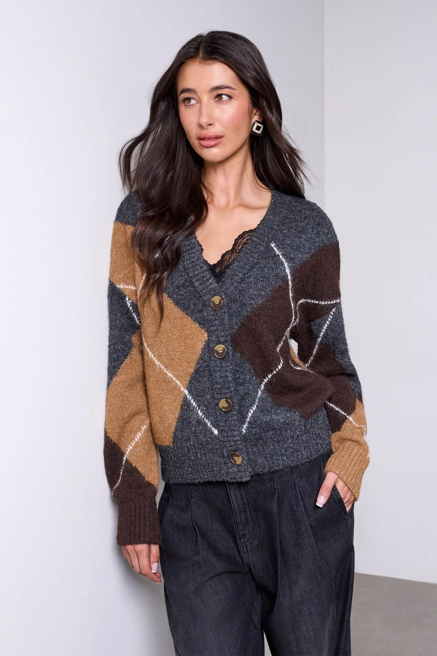 BLUE THREAD DIAMOND PATTERN BUTTON FRONT CARDIGAN "CHARCOAL"