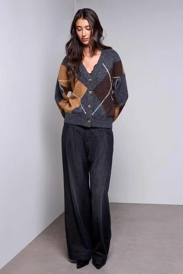 BLUE THREAD DIAMOND PATTERN BUTTON FRONT CARDIGAN "CHARCOAL"