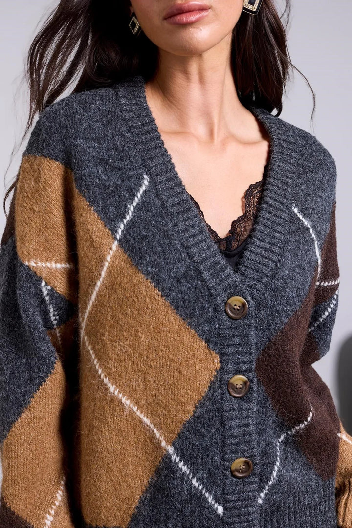 BLUE THREAD DIAMOND PATTERN BUTTON FRONT CARDIGAN "CHARCOAL"
