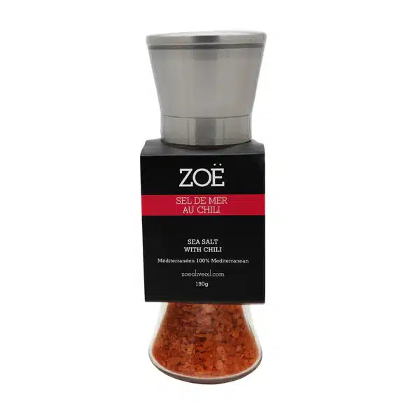 INFUSED CHILI SEA SALT 190G IN REUSABLE GLASS MILL