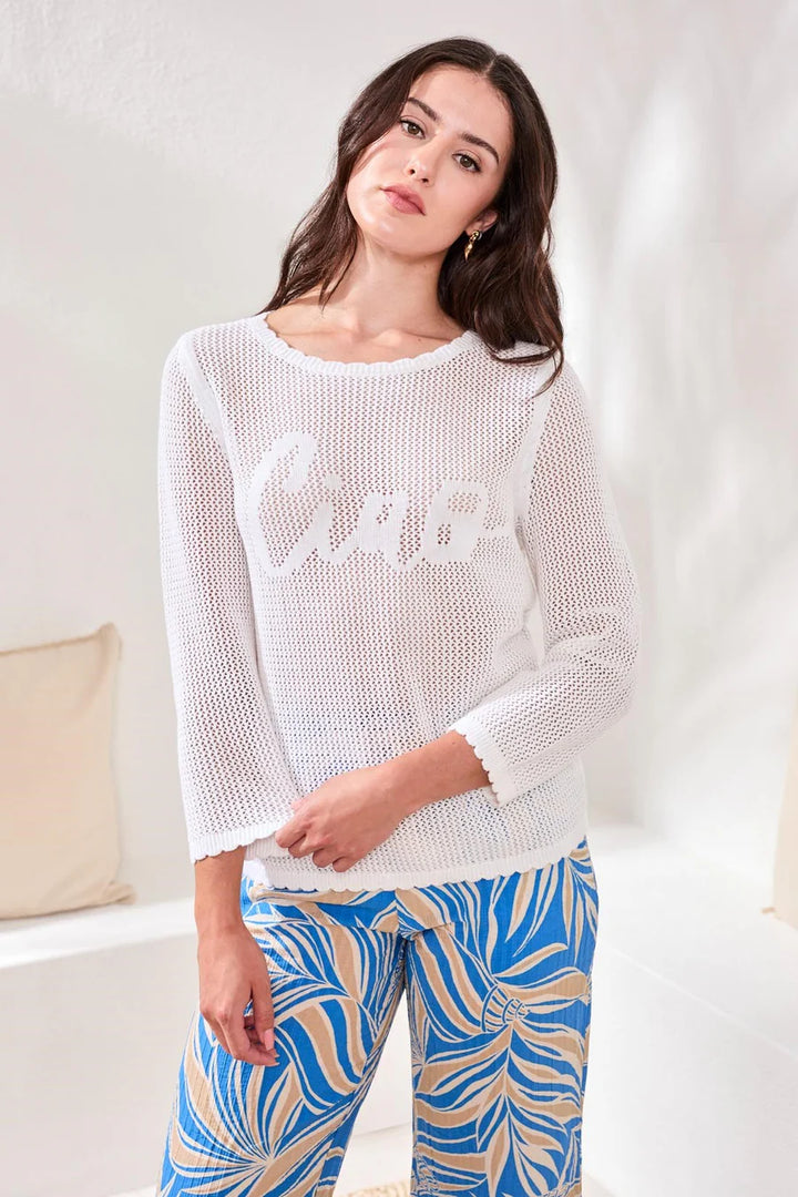 OPEN-STITCH EMBROIDERED COTTON CREWNECK SWEATER "WHITE"