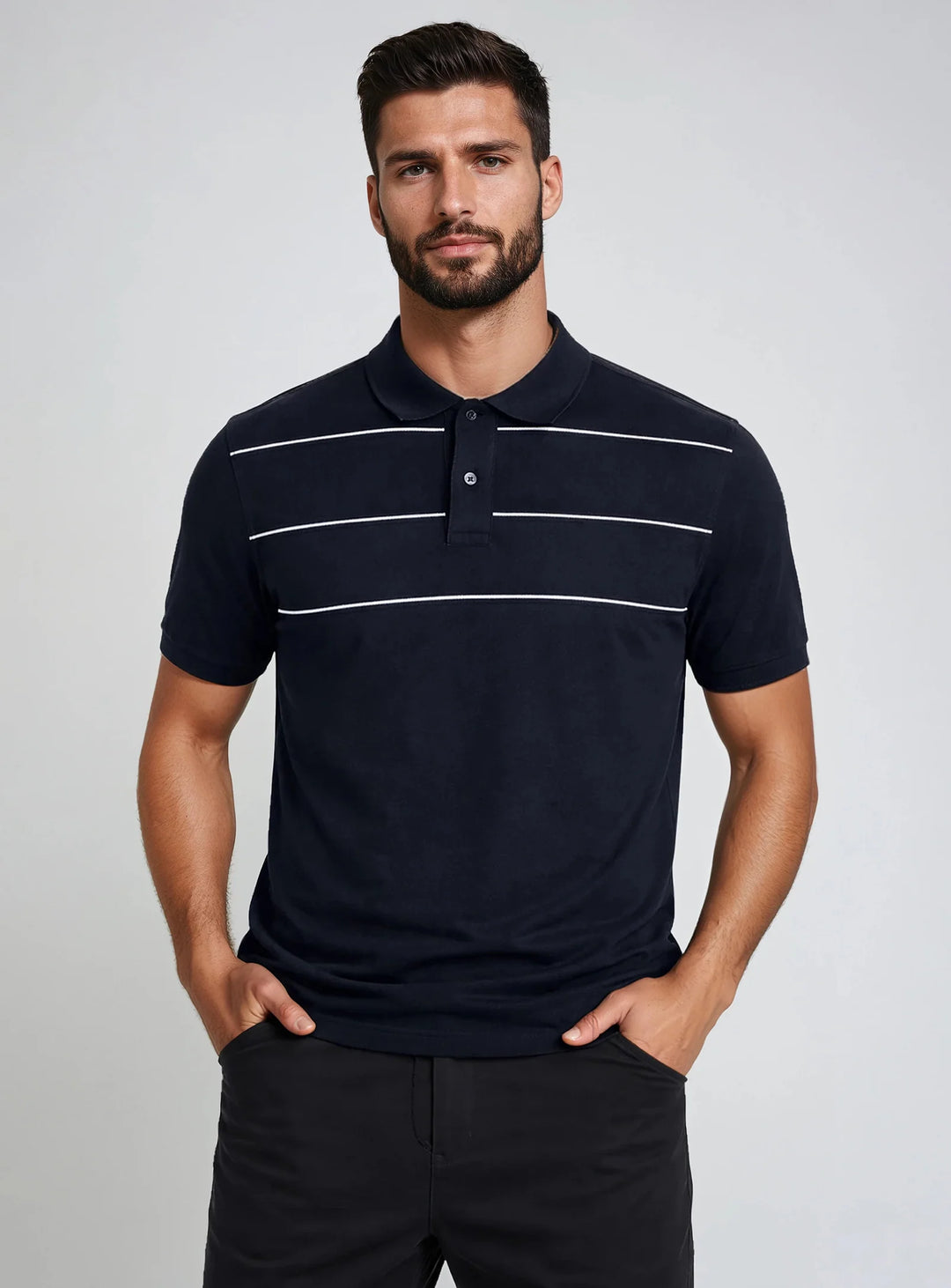 CONNOR - SEMI-FIT TEXTURED KNIT COTTON POLO WITH HORIZONTAL STRIPE "NAVY"