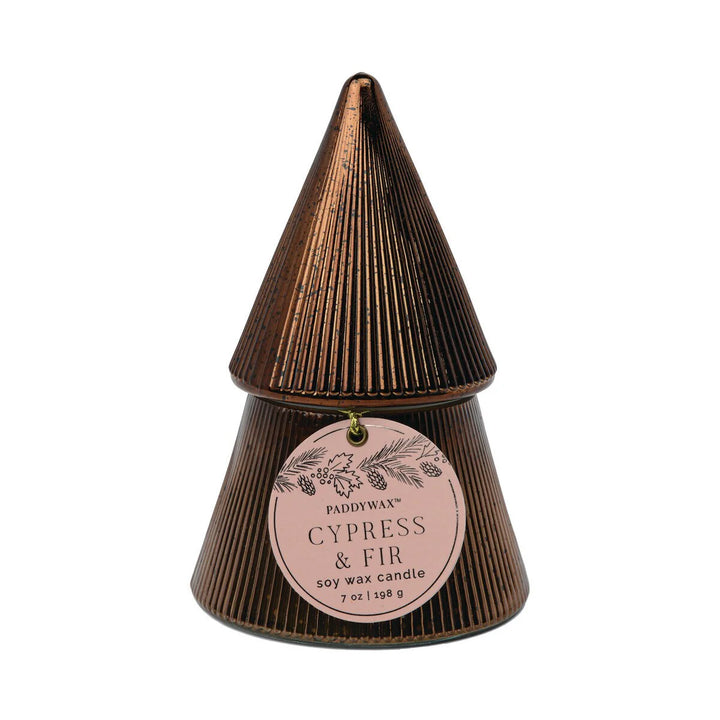 COPPER RIBBED MERCURY STACKED TREE CANDLE WITH LID - CYPRESS & FIR 7OZ