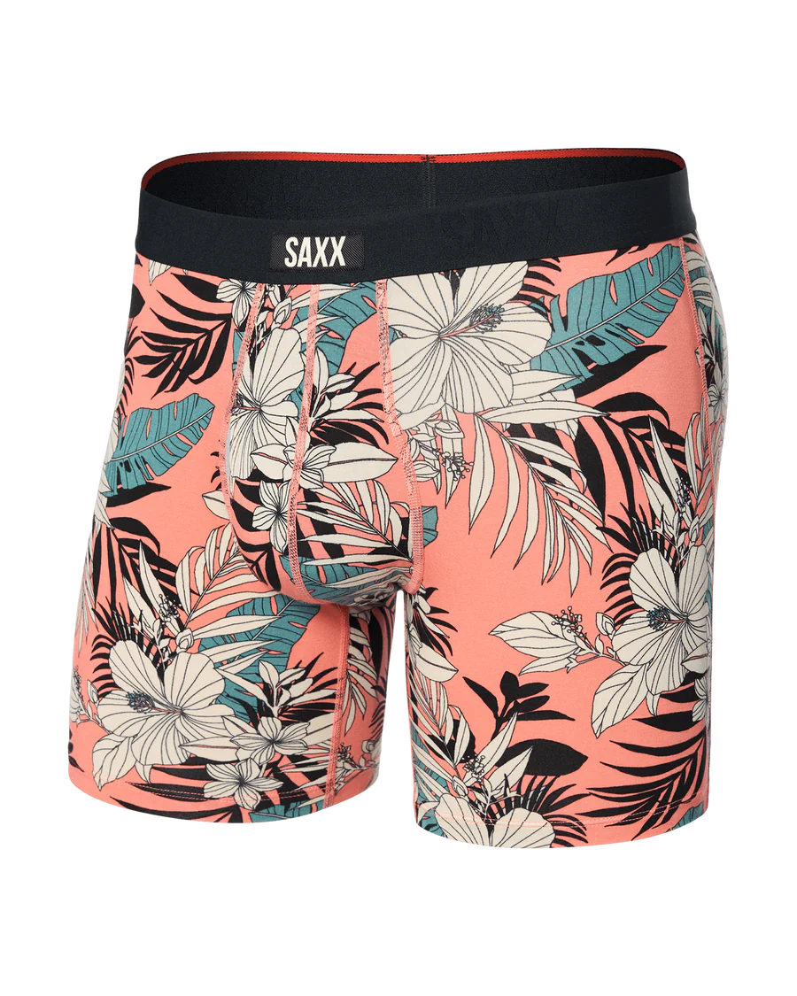 VIBE XTRA SOFT COMFORT BOXER BRIEF 6" "HIBISCUS JUNGLE-CORAL"