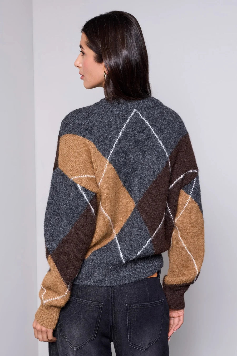 BLUE THREAD DIAMOND PATTERN BUTTON FRONT CARDIGAN "CHARCOAL"