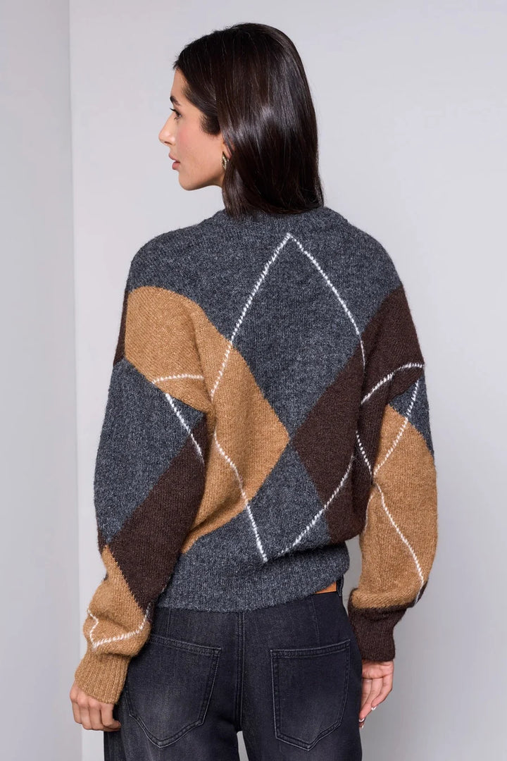 BLUE THREAD DIAMOND PATTERN BUTTON FRONT CARDIGAN "CHARCOAL"