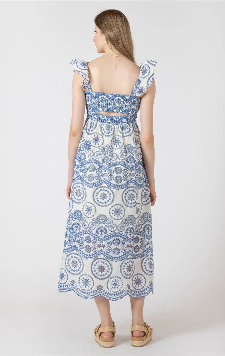CUTOUT EMBROIDERED DRESS "CREAM/BLUE"