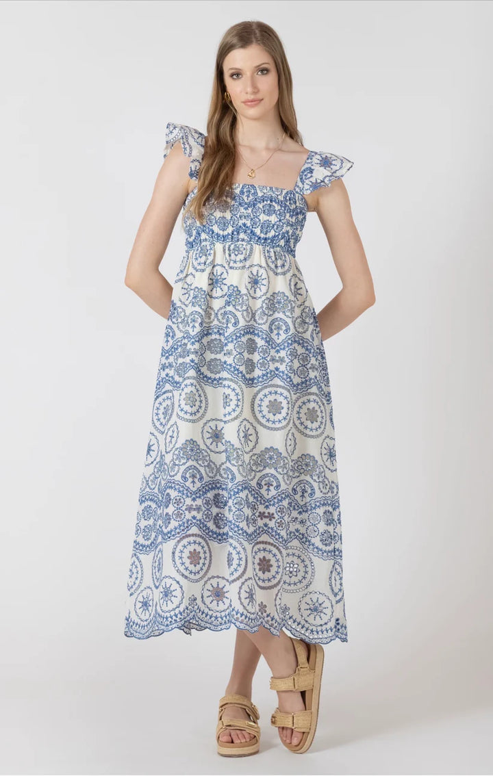 CUTOUT EMBROIDERED DRESS "CREAM/BLUE"