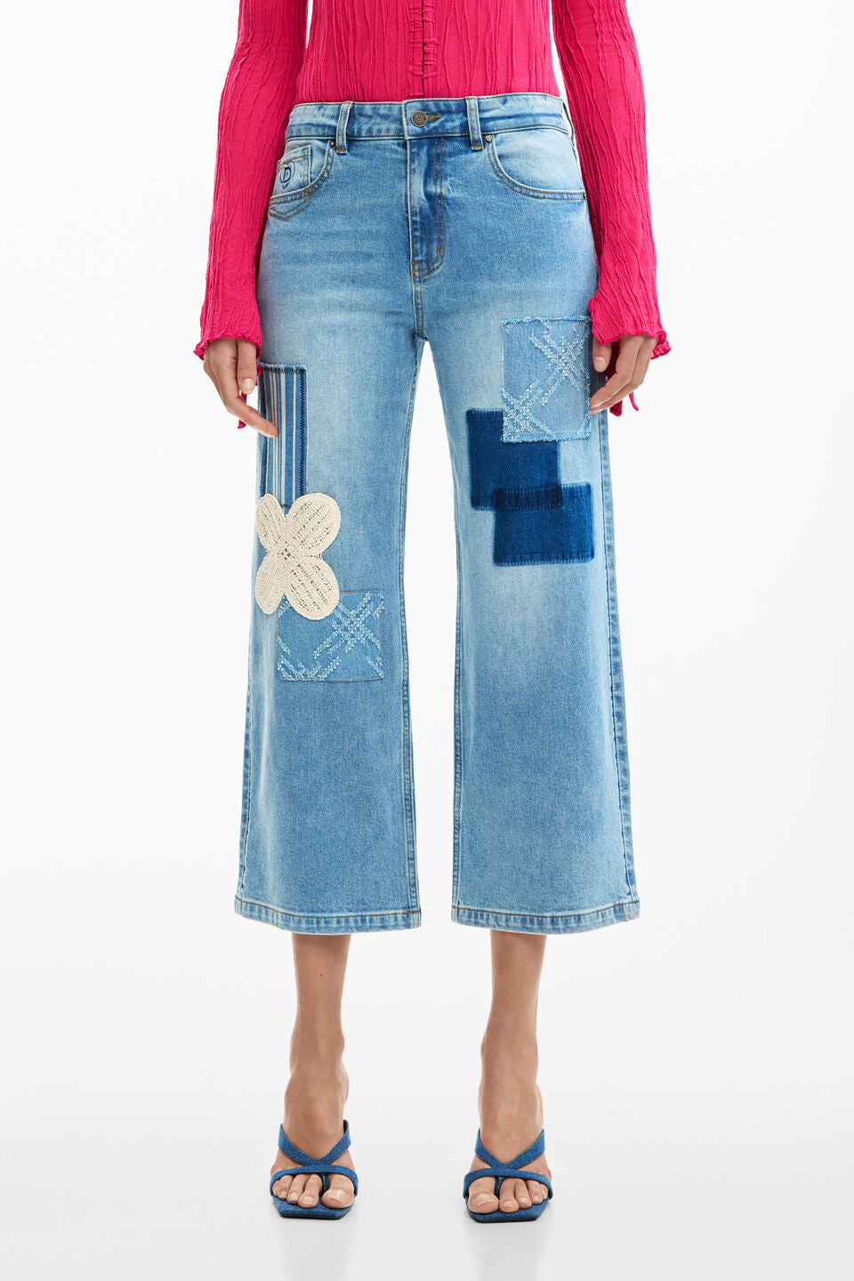 CROCHET PATCH DENIM TROUSERS "MEDIUM WASH"