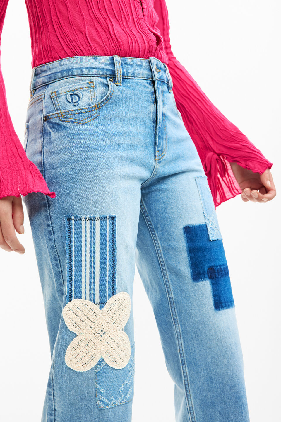 CROCHET PATCH DENIM TROUSERS "MEDIUM WASH"