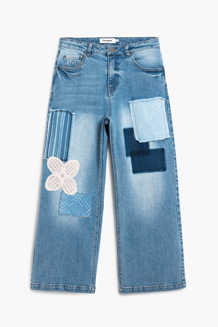 CROCHET PATCH DENIM TROUSERS "MEDIUM WASH"