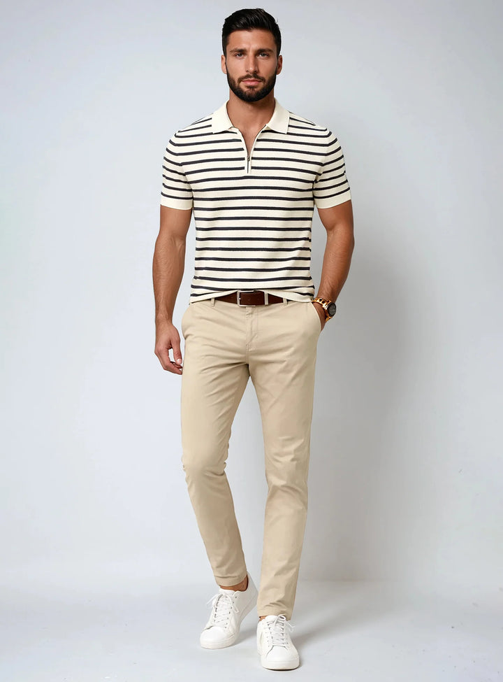 DAVID - SEMI-FIT TEXTURED HORIZONTAL STRIPE COTTON POLO WITH ZIPPER "EGGSHELL"