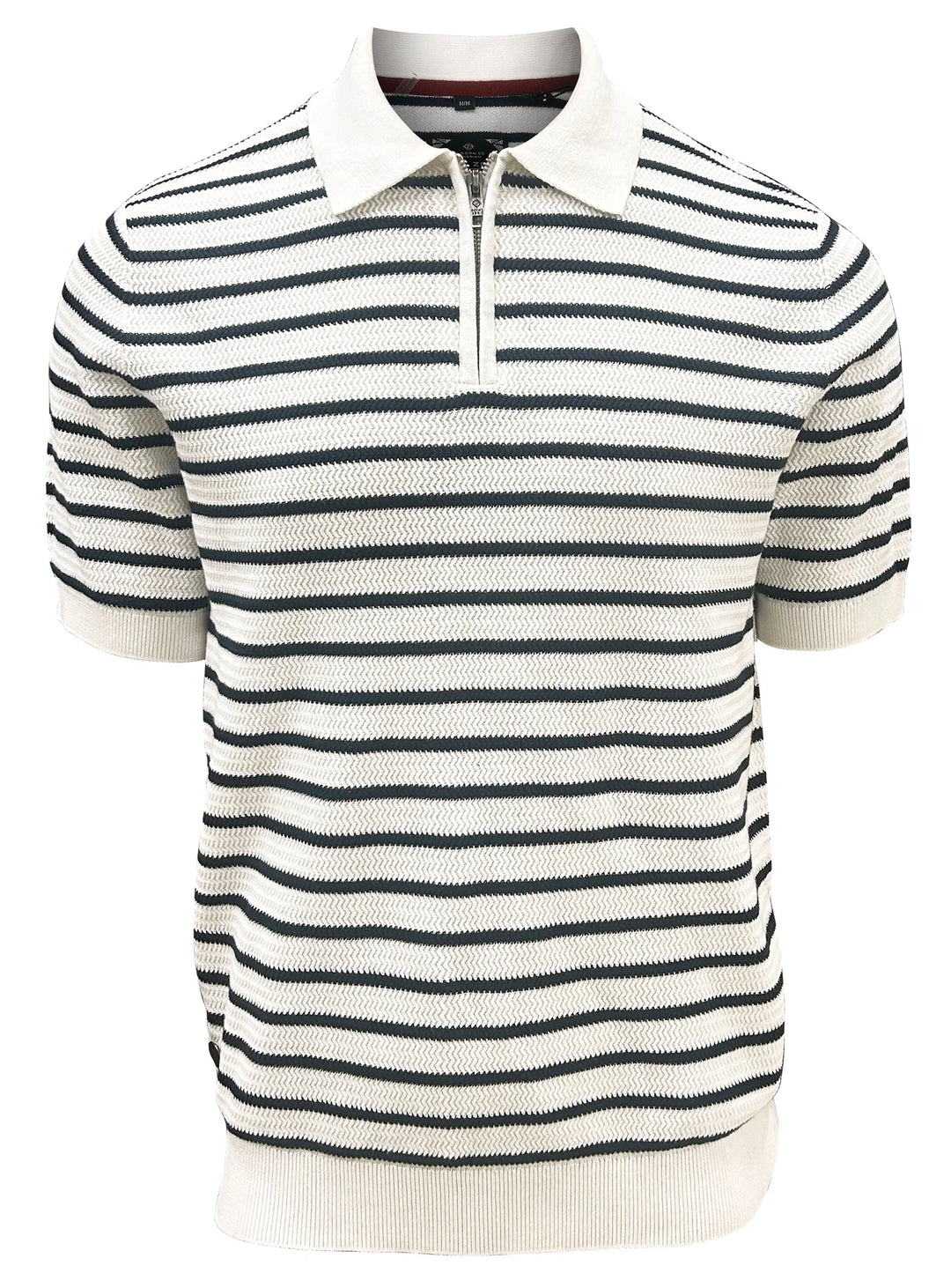 DAVID - SEMI-FIT TEXTURED HORIZONTAL STRIPE COTTON POLO WITH ZIPPER "EGGSHELL"