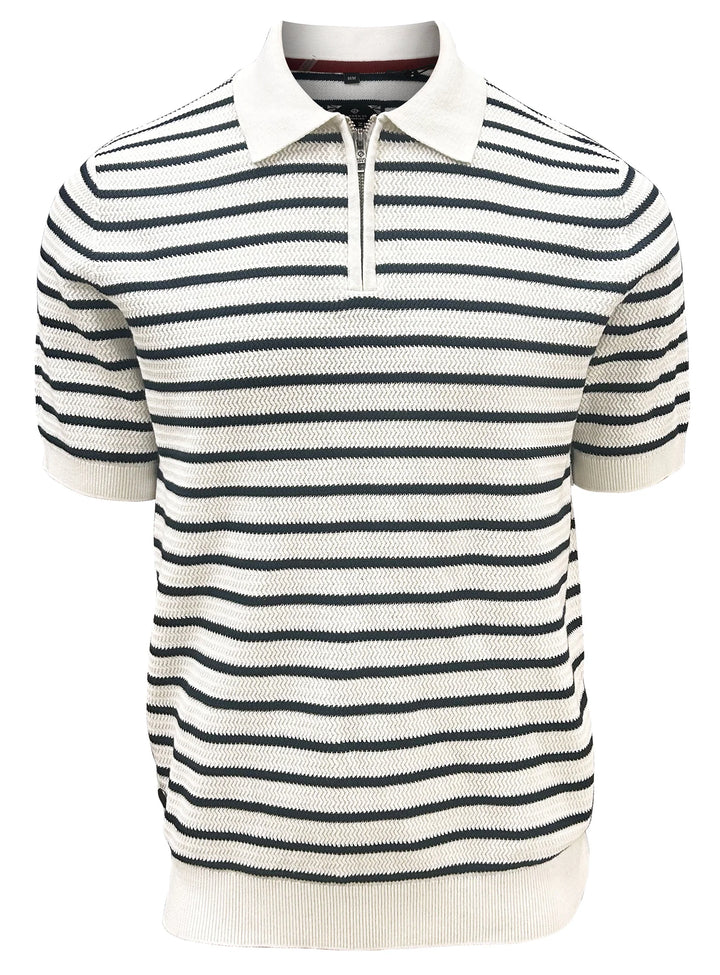 DAVID - SEMI-FIT TEXTURED HORIZONTAL STRIPE COTTON POLO WITH ZIPPER "EGGSHELL"