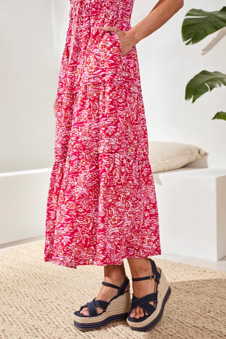 LINED POPLIN MAXI DRESS WITH DRAWCORD WAIST "GARDENIA"