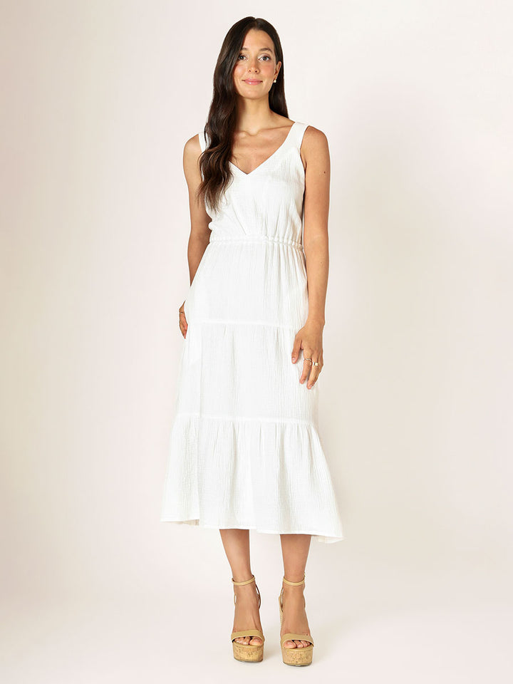 TEXTURED TIERED MIDI DRESS "OFF WHITE"