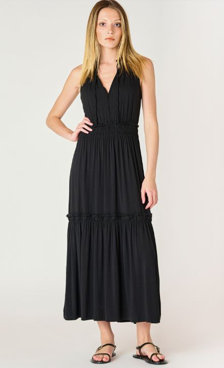 SLEEVELESS SOFT TIERED MIDI DRESS "BLACK"