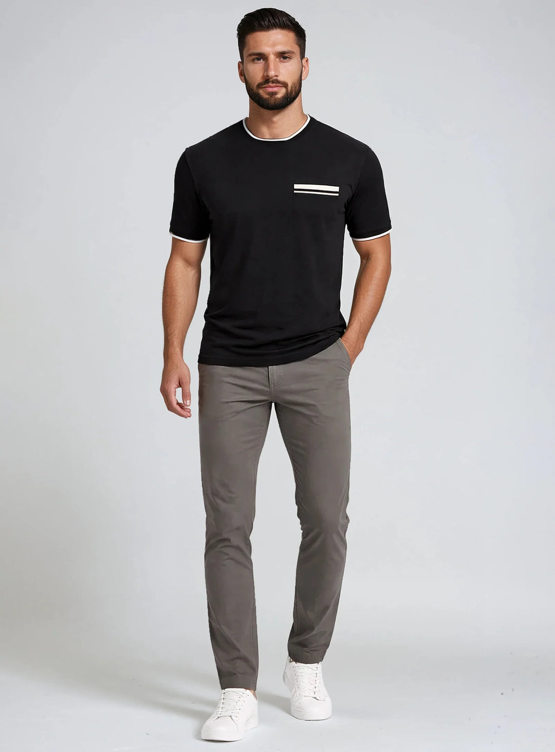 DYLAN - COTTON T-SHIRT WITH RIB NECK AND CHEST FAUX RIB POCKET "BLACK"