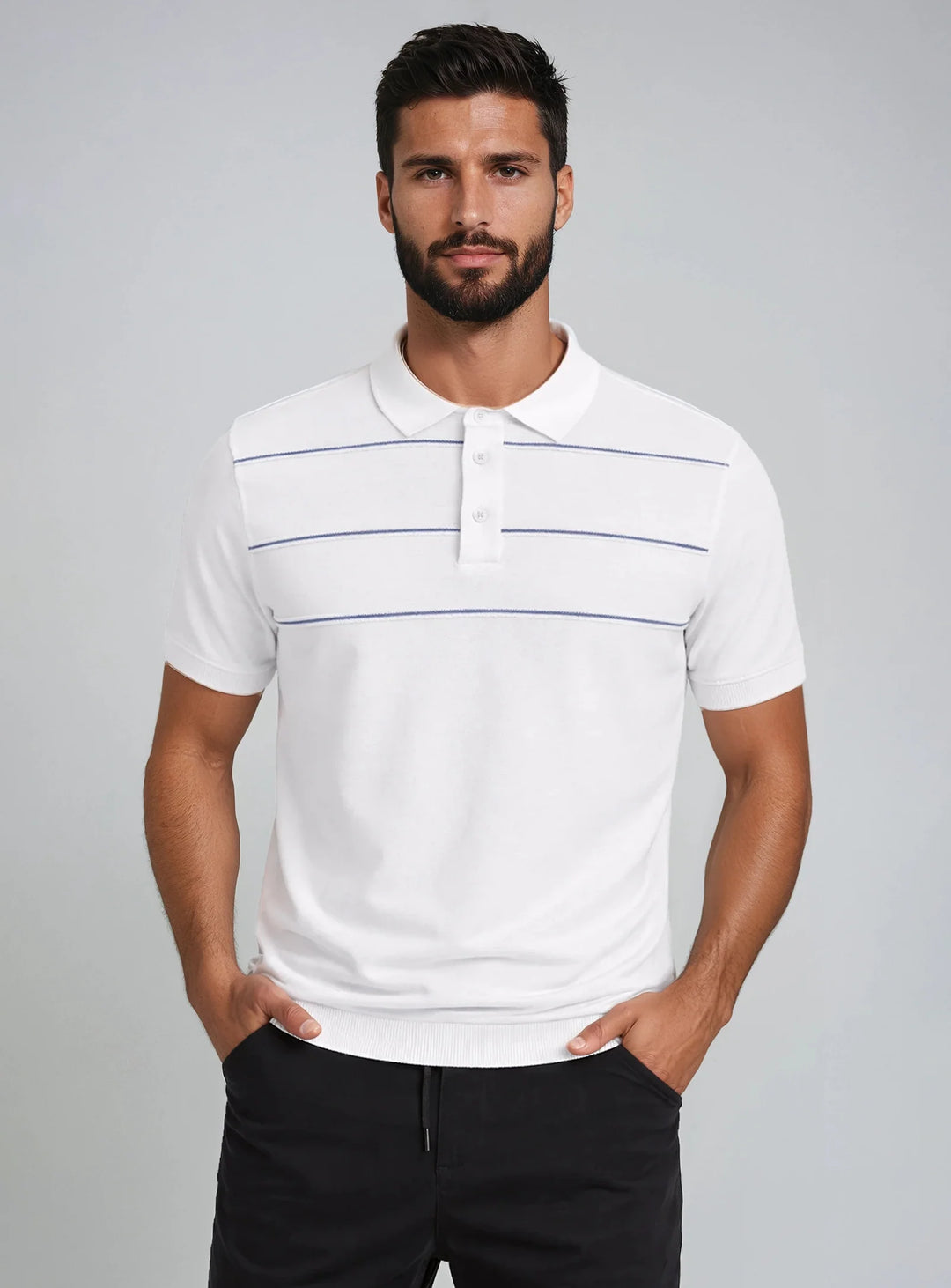 CONNOR - SEMI-FIT TEXTURED KNIT COTTON POLO WITH HORIZONTAL STRIPE "EGGSHELL"