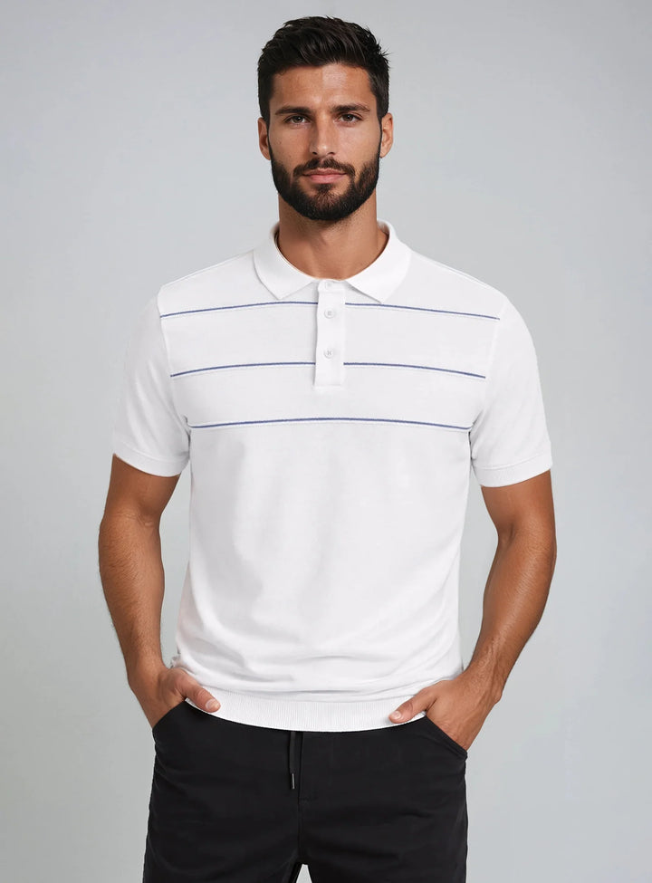 CONNOR - SEMI-FIT TEXTURED KNIT COTTON POLO WITH HORIZONTAL STRIPE "EGGSHELL"