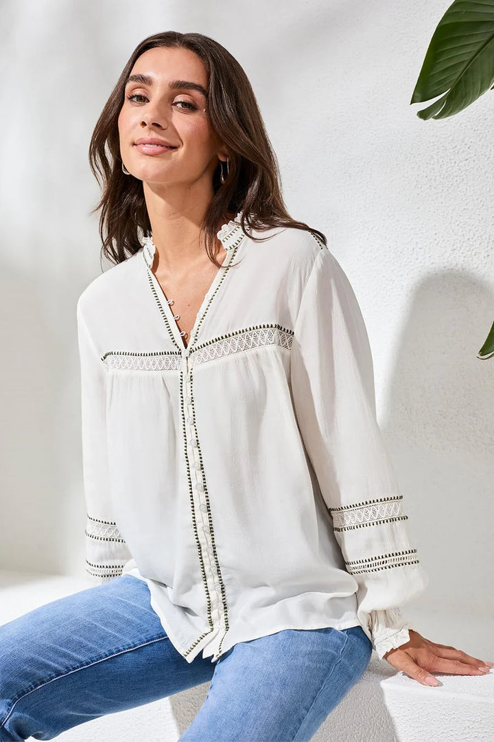 EYELET NOVELTY BLOUSE WITH DELICATE BUTTON DETAILS "EGGSHELL"