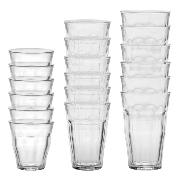 DURALEX PICARDIE CLEAR GLASS TUMBLERS ASSORTED SIZES, 18 PIECE SET IN GIFT BOX