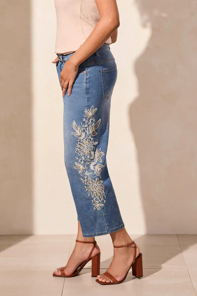 AUDREY MID RISE EMBROIDERED GIRLFRIEND CROP JEANS "REALBLUE"