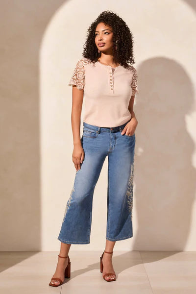 AUDREY MID RISE EMBROIDERED GIRLFRIEND CROP JEANS "REALBLUE"