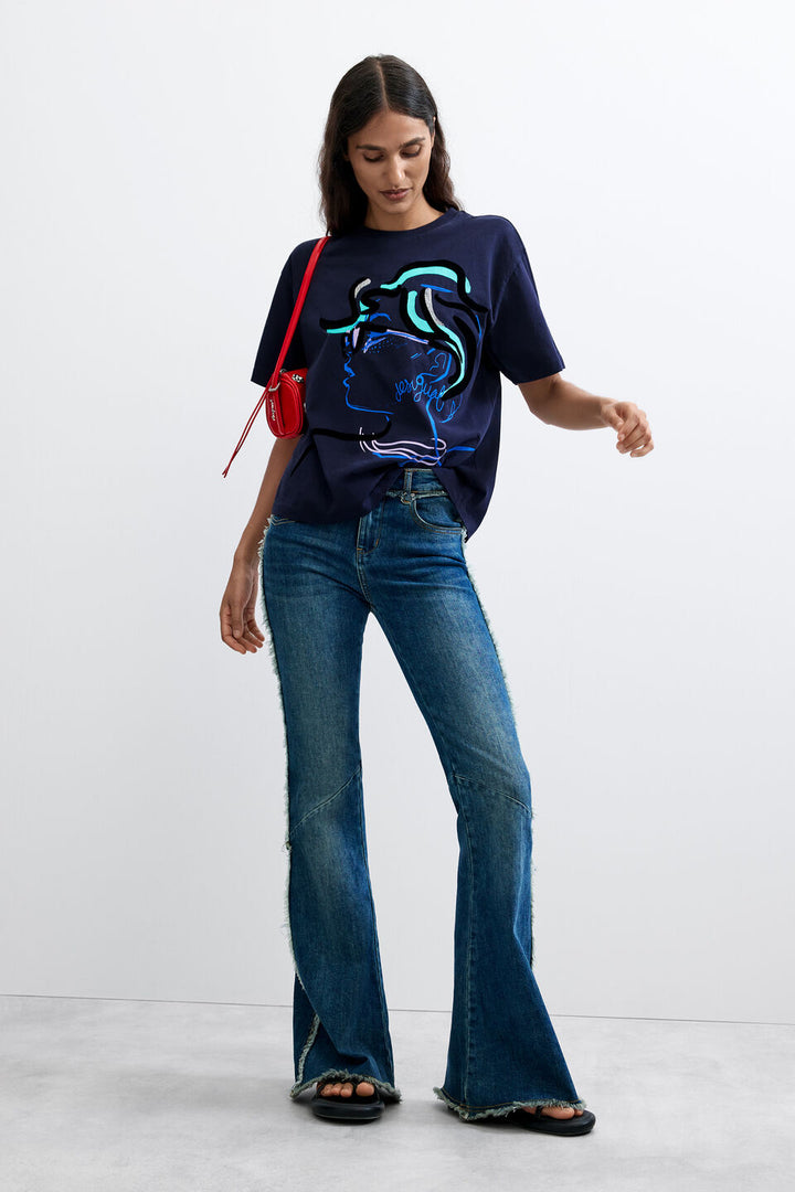 PRINTED 100% COTTON FACE T-SHIRT "BLUE"
