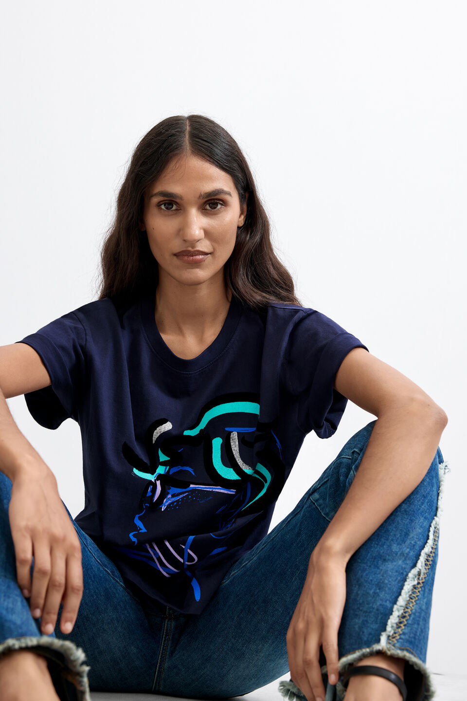 PRINTED 100% COTTON FACE T-SHIRT "BLUE"