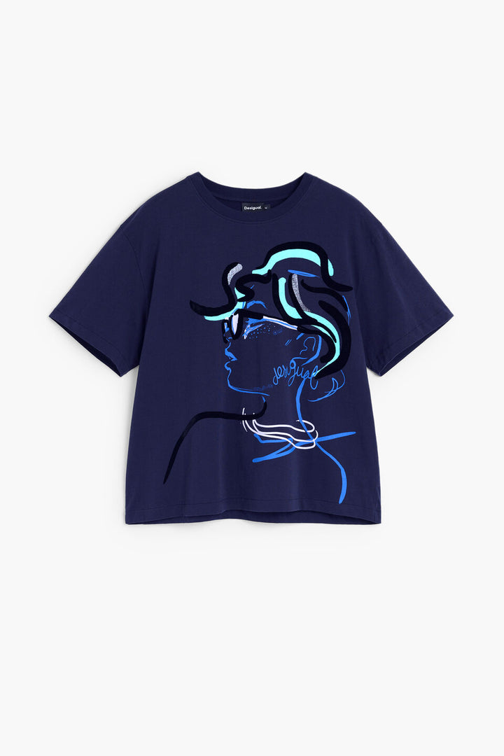 PRINTED 100% COTTON FACE T-SHIRT "BLUE"
