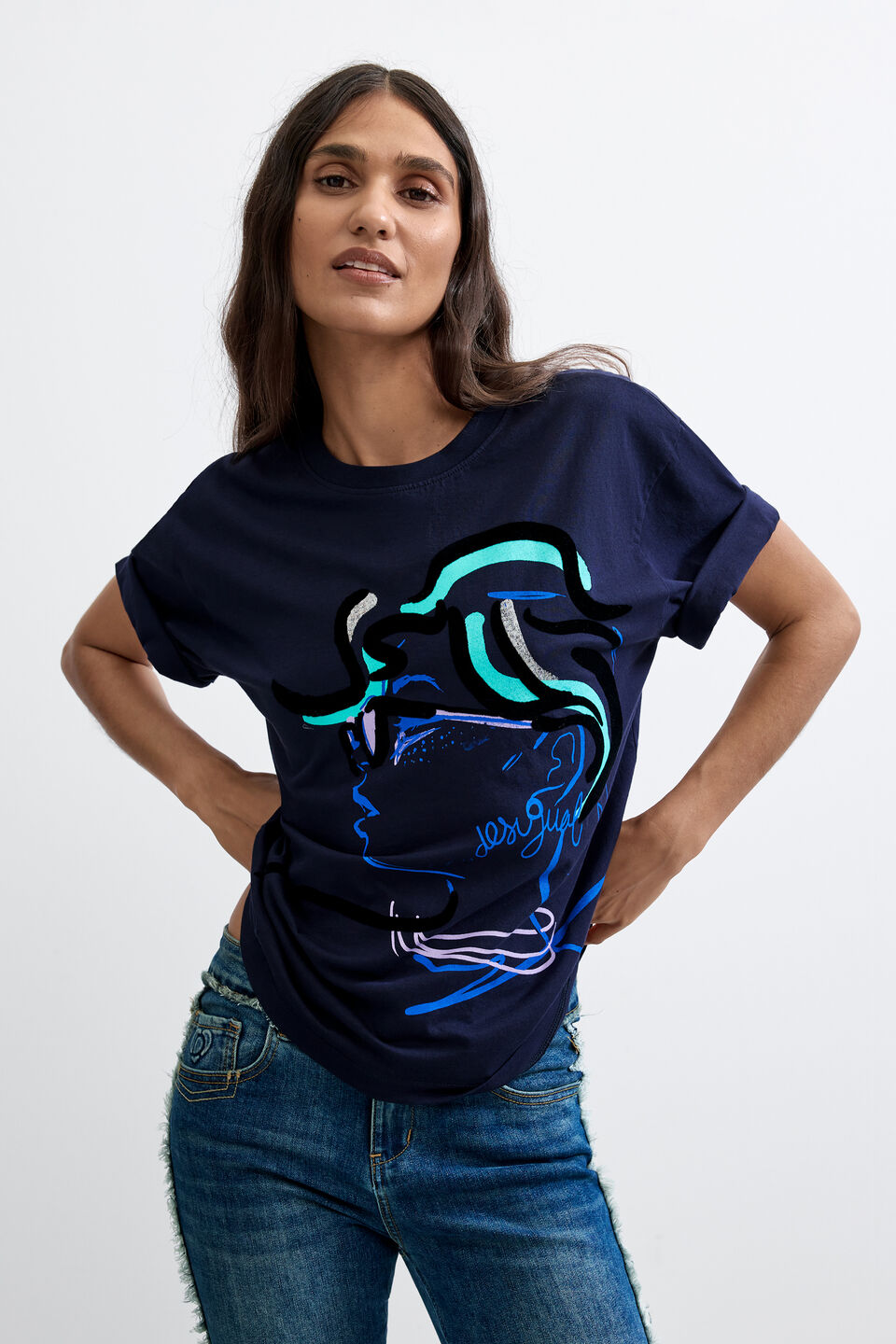 PRINTED 100% COTTON FACE T-SHIRT "BLUE"