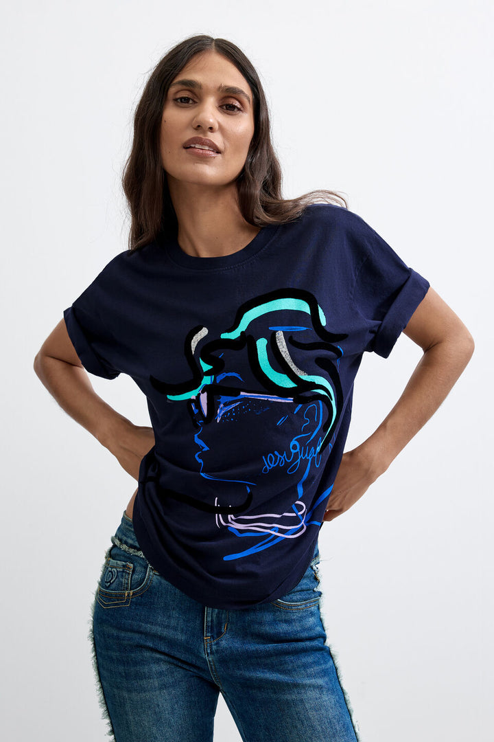 PRINTED 100% COTTON FACE T-SHIRT "BLUE"