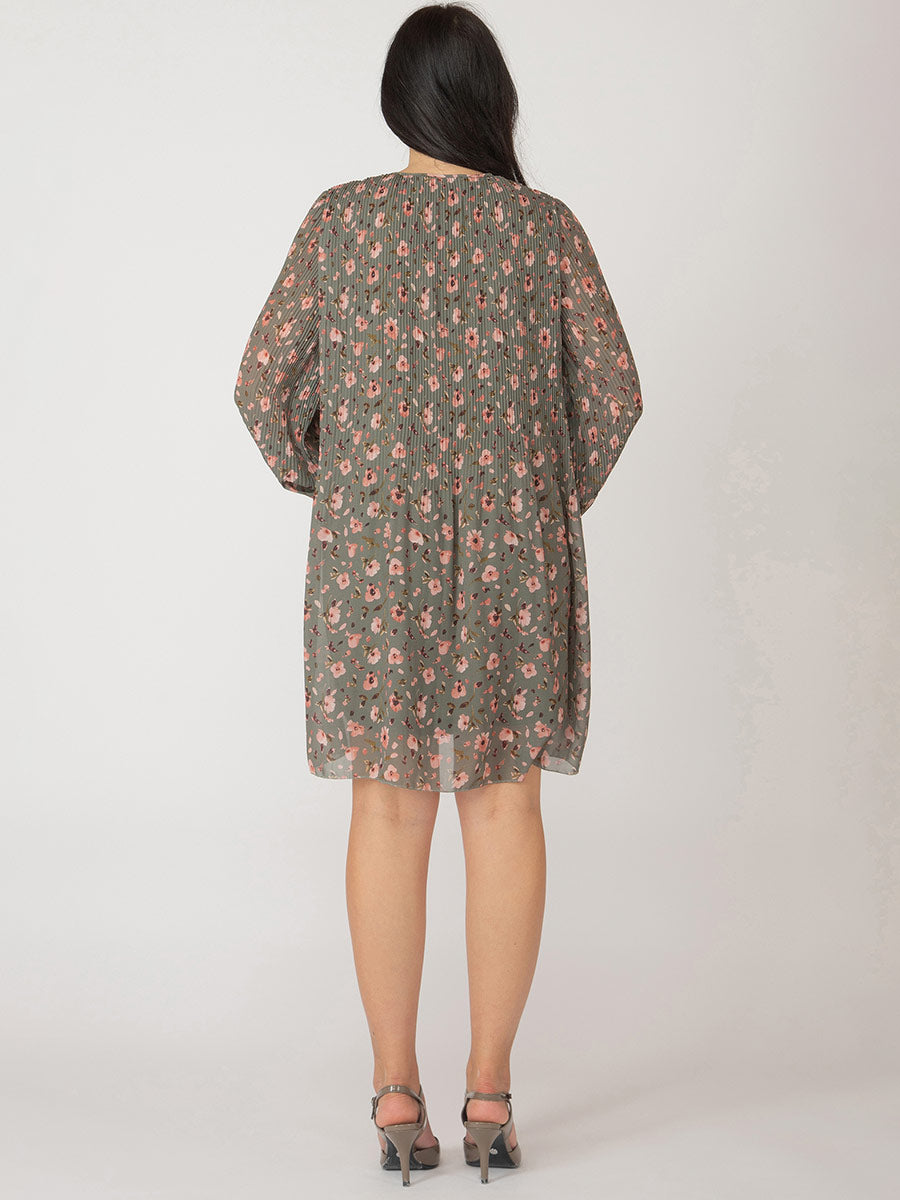 LS PLEATED A-LINE DRESS "GREEN FLORAL/BLUSH"