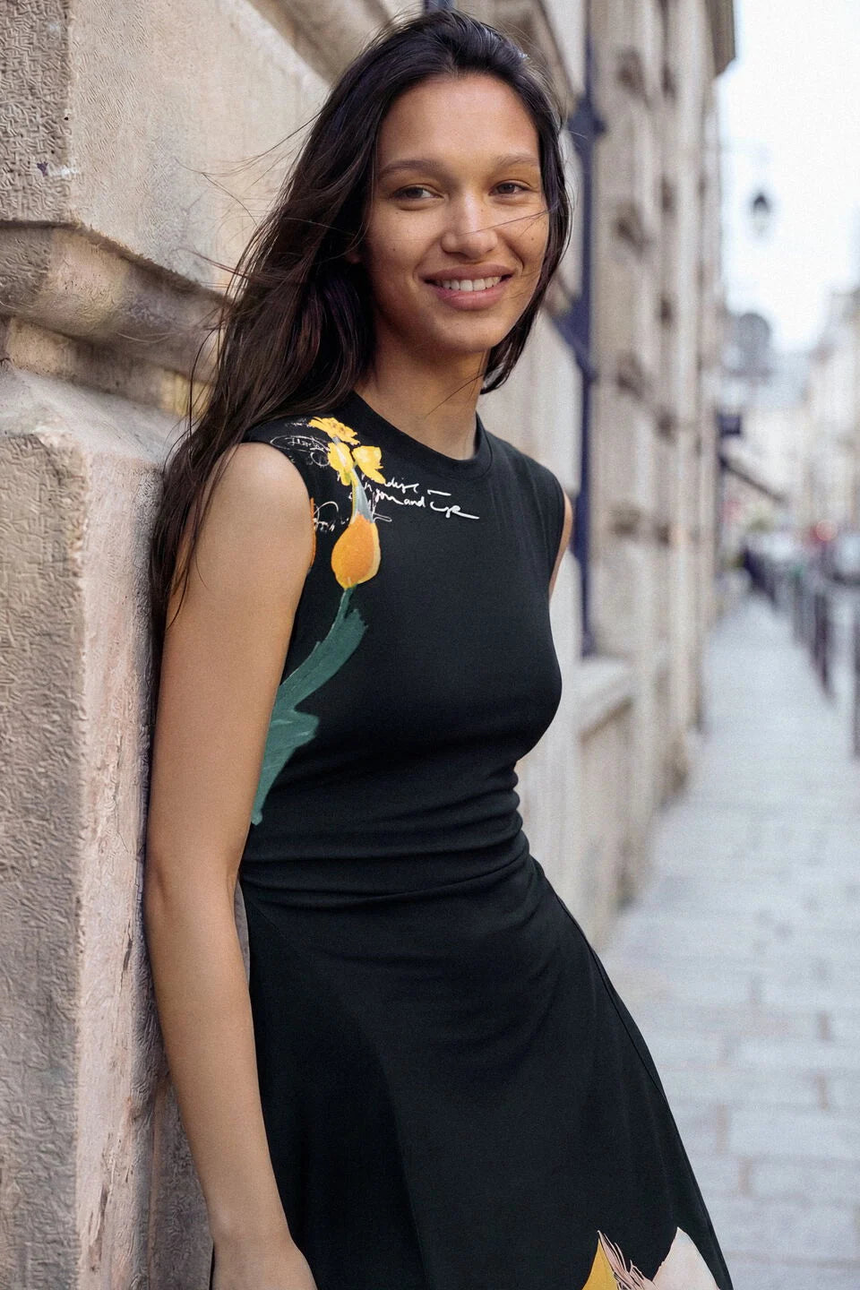 ASSYMETRICAL FLORAL DRESS "BLACK"