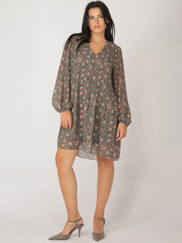 LS PLEATED A-LINE DRESS "GREEN FLORAL/BLUSH"