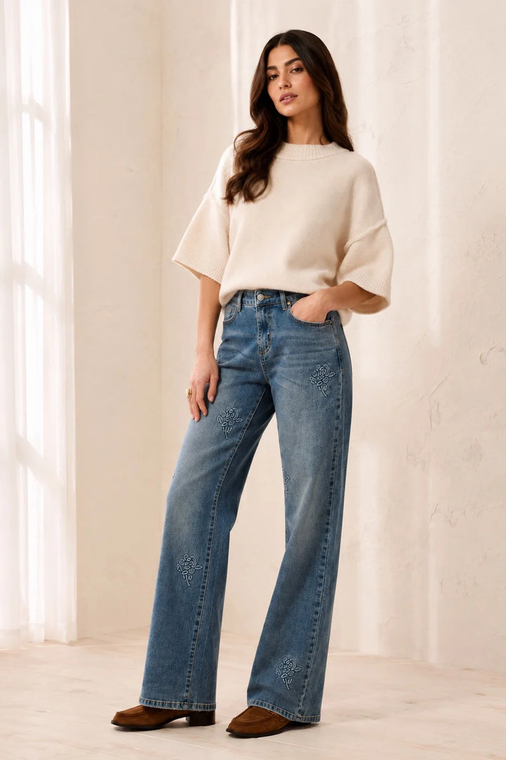 SOPHIA CURVY STRAIGHT LEG EMBROIDERED JEANS "FLOWERBLUE"