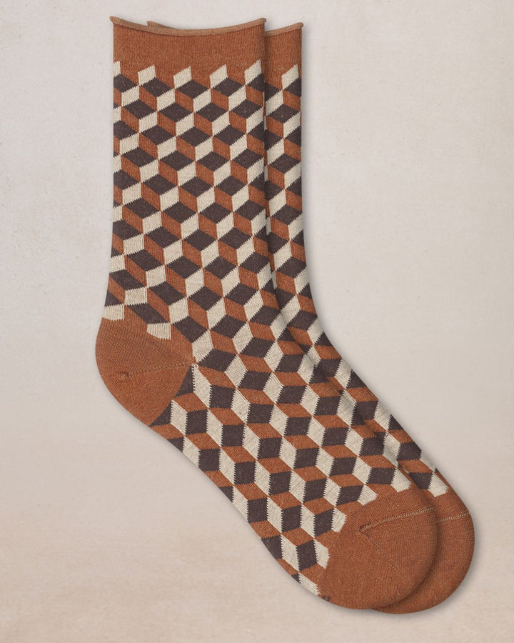FINE WOOL GEOMETRIC SOCKS "CARAMEL/BLACK"
