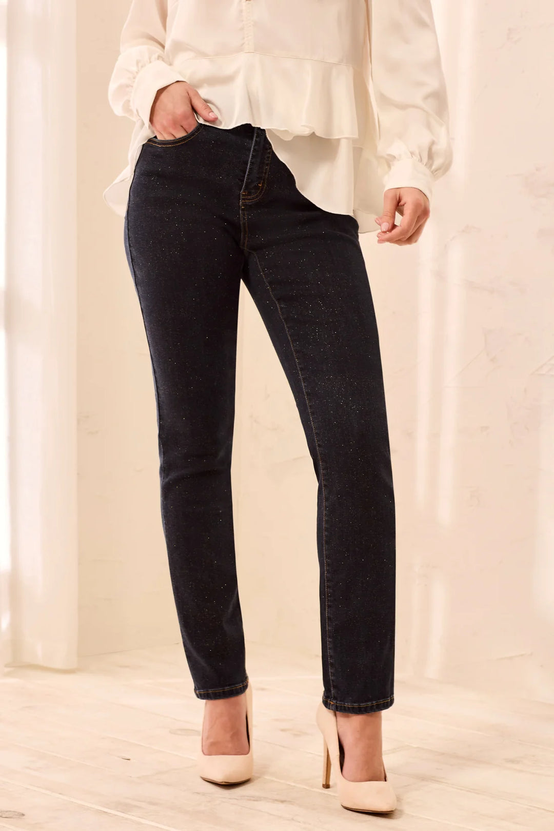 SOPHIA CURVY STRAIGHT GLITZ DENIM "GOLD/RINSE"