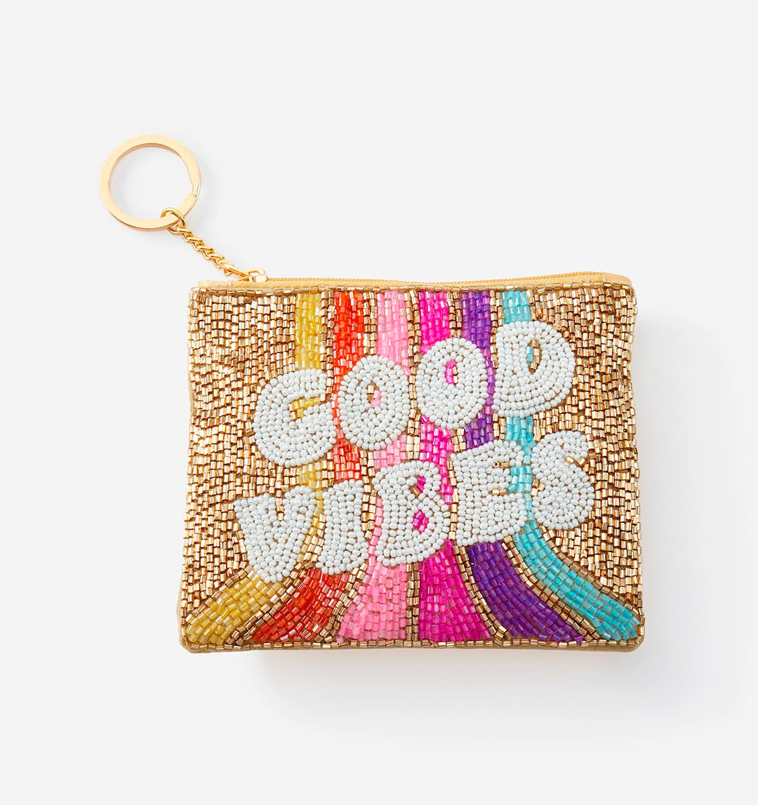 BEADED GOOD VIBES COIN PURSE WITH KEY CHAIN