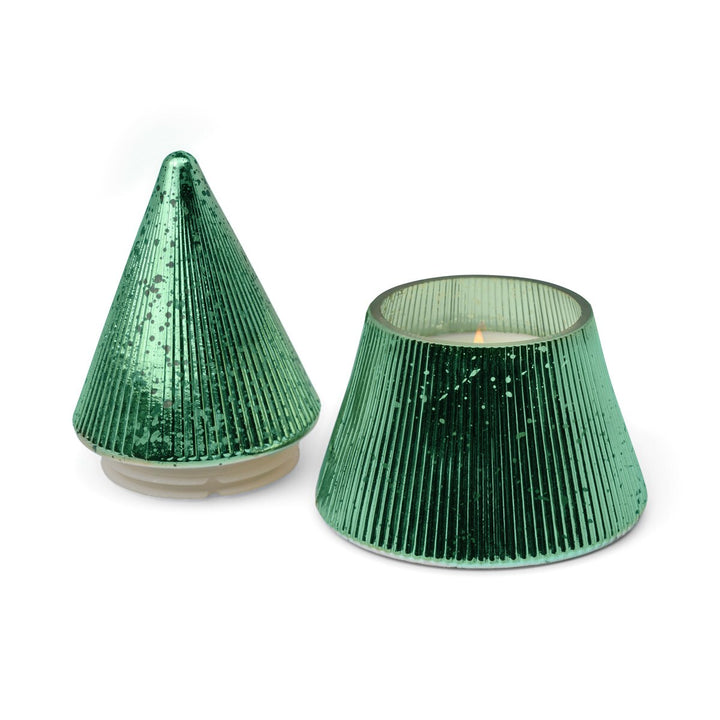 GREEN RIBBED MERCURY STACKED TREE CANDLE WITH LID  - CYPRESS & FIR 7OZ